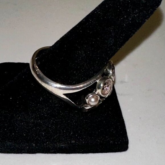 RETIRED Silpada Sweet Embrace Ring-925 Stamped-Faceted Glass & Pearls - Size 10 - Picture 7 of 9